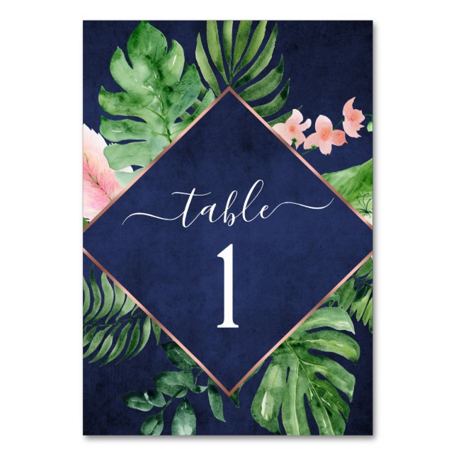 Numéro De Table Aquarelle de palme tropicale Mariage bleu marine (Par défaut)