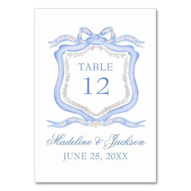 Numéro De Table Aquarelle Designer Blue Monogram Crest Mariage (Par défaut)
