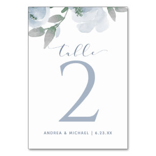 Numéro De Table Aquarelle douce mariage Bouquet floral bleu Dusty