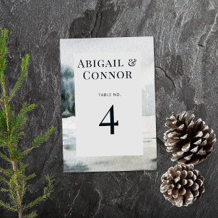 Numéro De Table Aquarelle du lac de montagne brumeux rustique