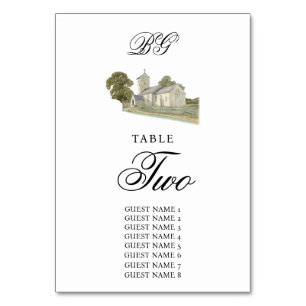 Numéro De Table Aquarelle Eglise traditionnelle Monogramme Mariage