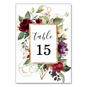 Numéro De Table Aquarelle Élégante Fleurs Rouge Profond Or