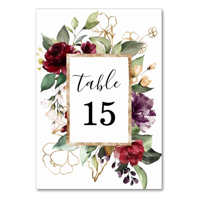 Numéro De Table Aquarelle Élégante Fleurs Rouge Profond Or (Par défaut)
