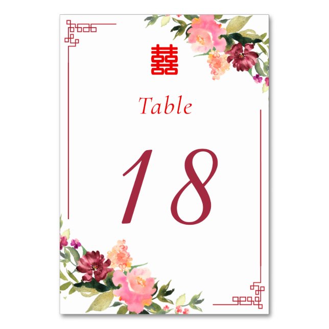 Numéro De Table Aquarelle fleur double xi cadre mariage chinois (Par défaut)