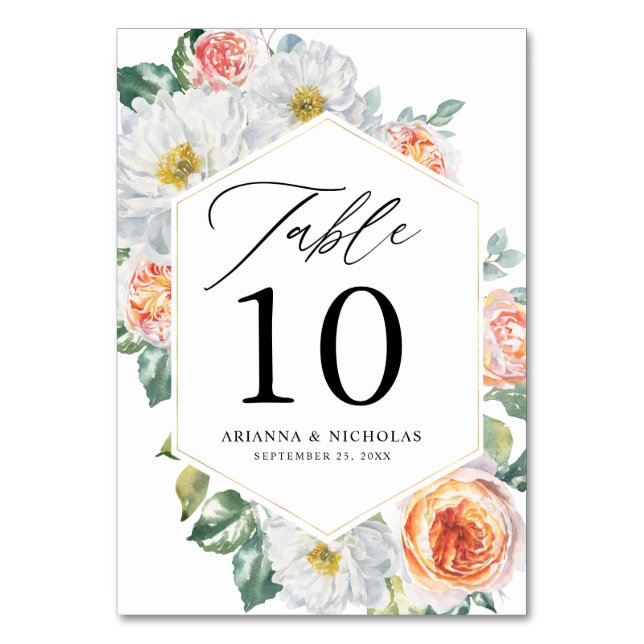 Numéro De Table Aquarelle Fleurs Blanches et Pêches Cadre Doré Mar (Par défaut)