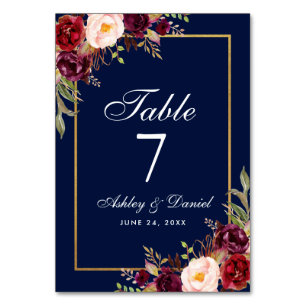 Numéro De Table Aquarelle Floral Bourgogne Bleu Mariage Or