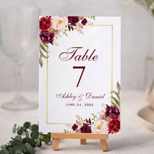 Numéro De Table Aquarelle Floral Bourgogne et Mariage or