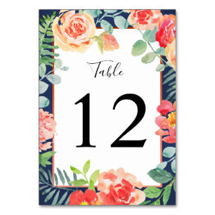 Numéro De Table Aquarelle Floral Corail Feuillage Bleu Marine Mari