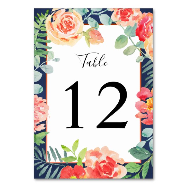 Numéro De Table Aquarelle Floral Corail Feuillage Mariage Navy (Par défaut)