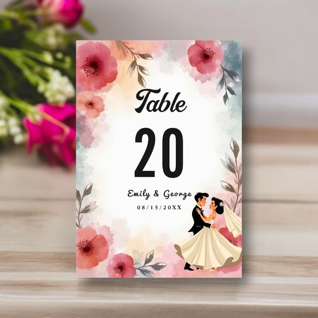 Numéro De Table Aquarelle Floral Mariage Et Groom Élégant Mariage (Créateur téléchargé)