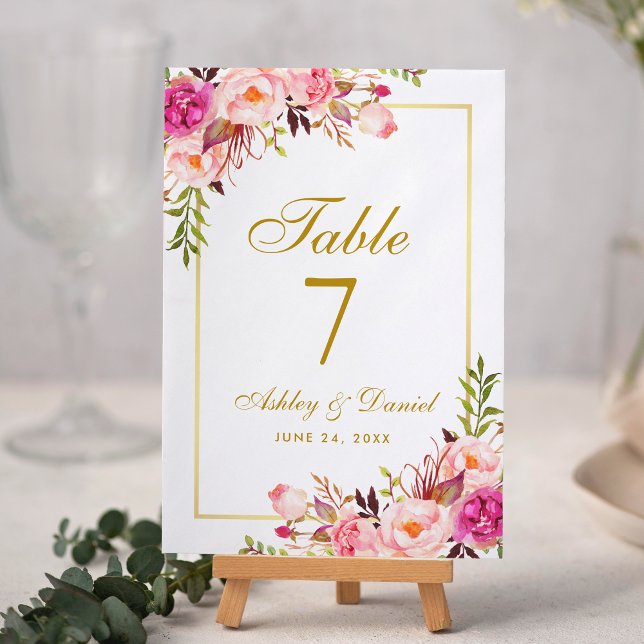 Numéro De Table Aquarelle Floral Rose Blush Mariage or (Pink Floral and Gold Table Number Card.)