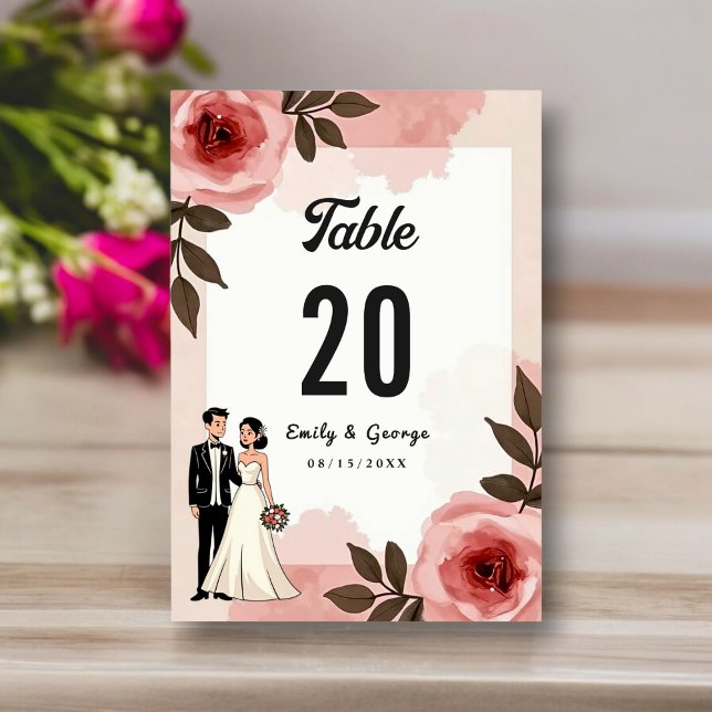 Numéro De Table Aquarelle Florale Dusty Blush Rose Couple Mariage (Créateur téléchargé)