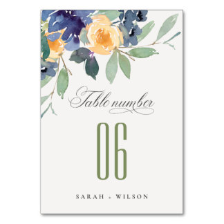 Numéro De Table Aquarelle gaie Bleu Jaune Floral Mariage
