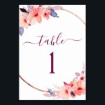 Numéro De Table Aquarelle géométrique de Bourgogne Mariage floral<br><div class="desc">Burgundy,  Blanc,  Violet et Blush Pink Floral moderne et élégant Aquarelle et Faux Rose Gold Foil Géométrique Spring Wedding Réception Table Numéro de carte - comprend une belle et élégante typographie script avec des fleurs botaniques modernes pour la célébration spéciale de mariage.</div>