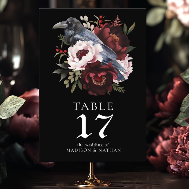 Numéro De Table Aquarelle gothique Corbeau Mariage floral (Créateur téléchargé)