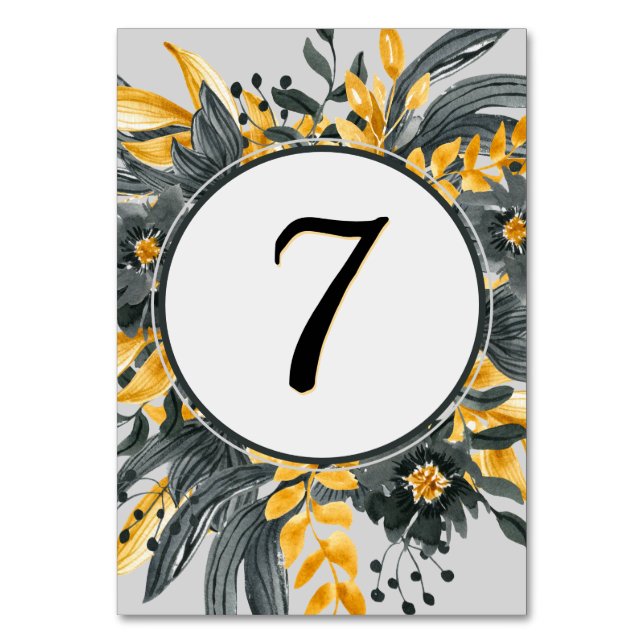 Numéro De Table Aquarelle jaune + gris Floral Mariage élégant (Par défaut)