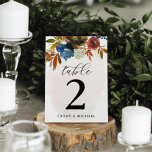 Numéro De Table Aquarelle marine et rouille Boho Floral Personnali<br><div class="desc">Cette belle carte de numéro de tableau floral présente des fleurs d'aquarelle et votre texte personnalisé des deux côtés de la carte. Utilisez le modèle pour remplir vos informations. La fonction "Personnaliser plus loin" peut être utilisée pour modifier la police (taille, style, couleur), ajouter des lignes de texte ou modifier...</div>