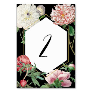 Numéro De Table Aquarelle Peonies rose Fleurs Mariage Noir