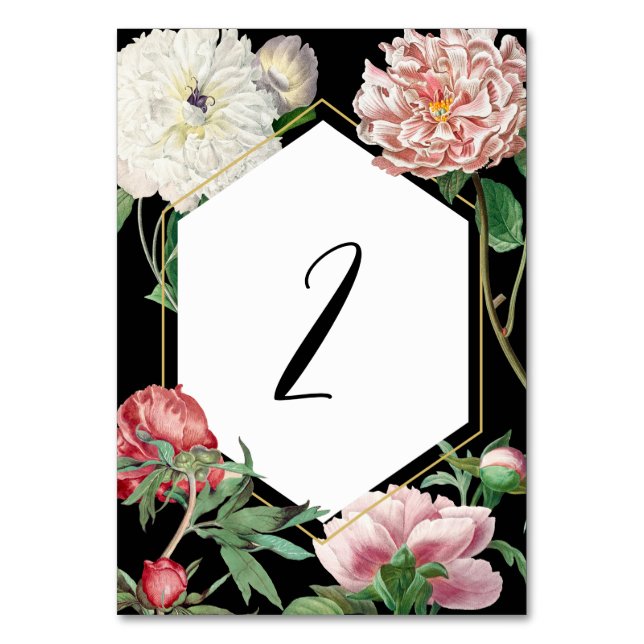 Numéro De Table Aquarelle Peonies rose Fleurs Mariage Noir (Par défaut)