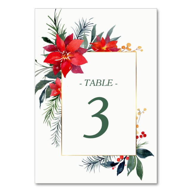 Numéro De Table Aquarelle Poinsettia Gold Frame Mariage de Noël (Par défaut)