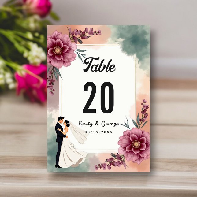 Numéro De Table Aquarelle romantique Floral Bride Et Mariage de ch (Créateur téléchargé)