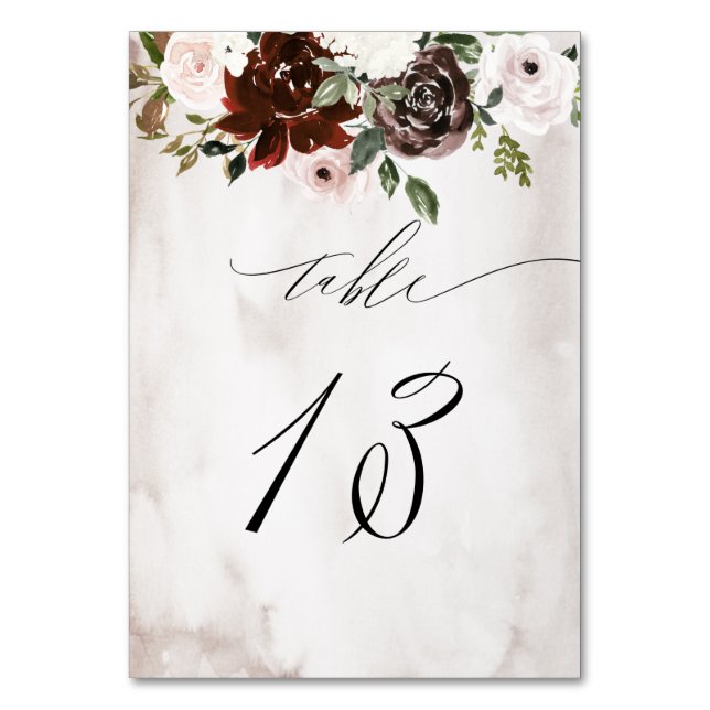 Numéro De Table Aquarelle rose bordeaux Floral No 13 Mariage (Par défaut)
