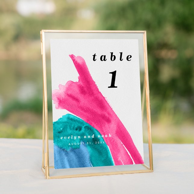 Numéro De Table Aquarelle rose chaud (Bright vibrant watercolor wash in hot pink and turquoise wedding suite modern table number sign.)