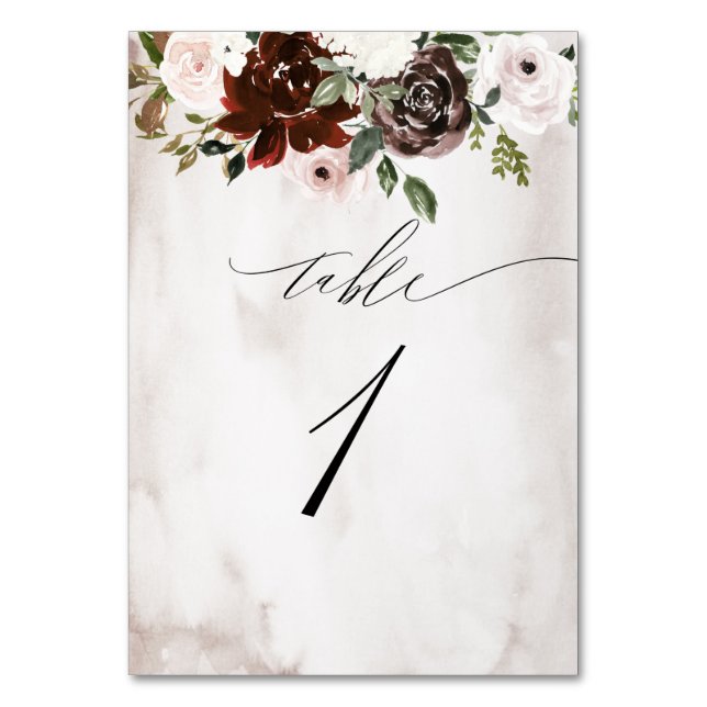 Numéro De Table Aquarelle rose de Bourgogne Floral No 1 Mariage (Par défaut)