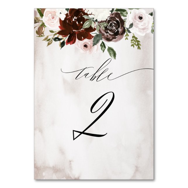 Numéro De Table Aquarelle rose de Bourgogne Floral No 2 Mariage (Par défaut)
