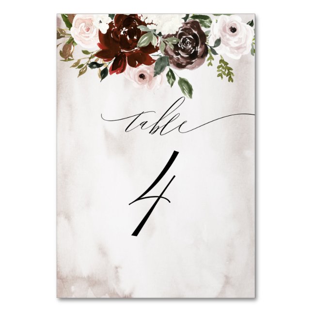 Numéro De Table Aquarelle rose de Bourgogne Floral No 4 Mariage (Par défaut)