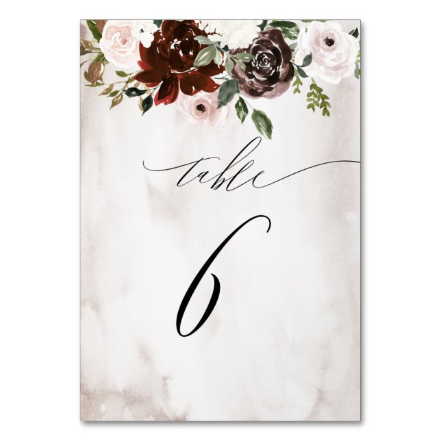 Numéro De Table Aquarelle rose de Bourgogne Floral No 6 Mariage (Par défaut)