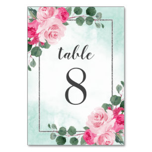 Numéro De Table Aquarelle rose et argent Mariage floral
