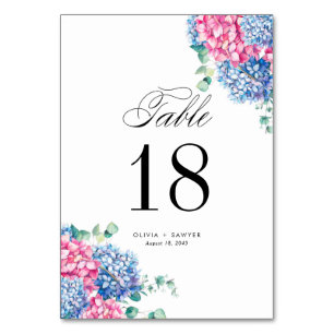 Numéro De Table Aquarelle rose et bleu Hydrangeas Mariage