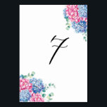 Numéro De Table Aquarelle rose et bleu Hydrangeas Tableau 7<br><div class="desc">Tableau 7 | Complétez votre paysage de table avec ces numéros de table élégants. Il présente des bouquets d'hydrangée rose et bleu et de la typographie fantaisiste. Ce numéro de table fleurie est parfait pour les mariages du printemps et de l'hiver, les douches nuptiales, les baby showers et bien plus...</div>