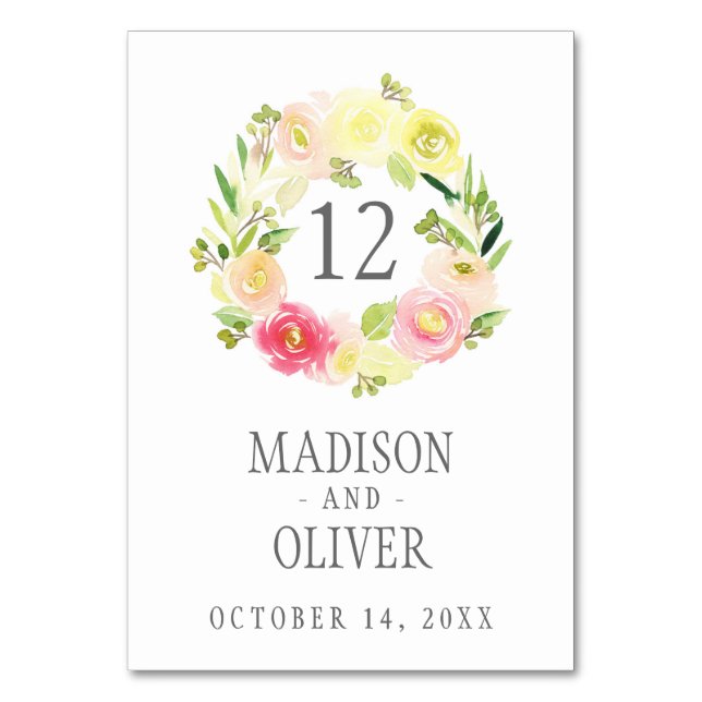 Numéro De Table Aquarelle rose et jaune couronne florale | MARIAGE (Par défaut)