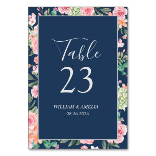 Numéro De Table Aquarelle rose floral marine bleu Mariage