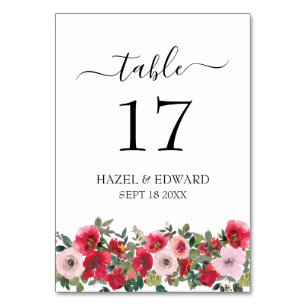 Numéro De Table Aquarelle rose rouge Mariage floral