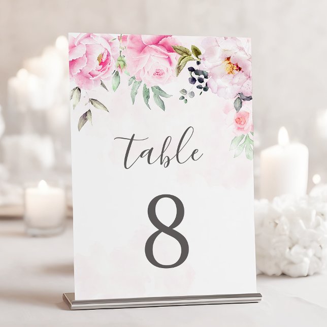 Numéro De Table Aquarelle rose vif Mariage de pivoine florale (Créateur téléchargé)