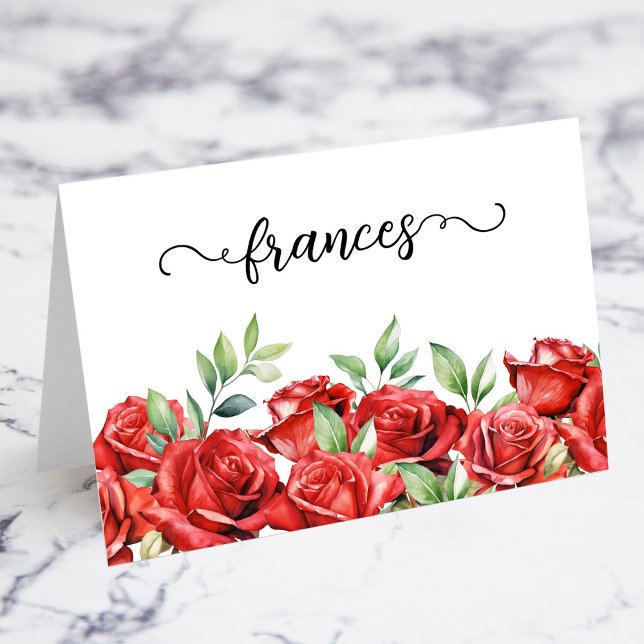 Numéro De Table Aquarelle Roses rouges Nom du script Placer les ca (Watercolor Red Roses Script Individual Guest Name Wedding Place Cards)