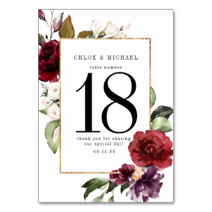 Numéro De Table Aquarelle rouge de Bourgogne Mariage floral