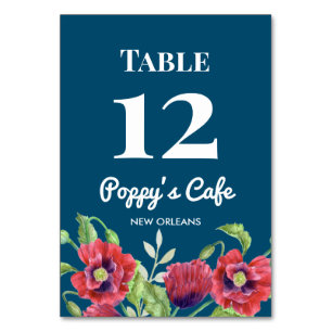 Numéro De Table Aquarelle Rouge Poppies Floral Illustration Café