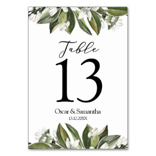 Numéro De Table Aquarelle tendance Feuilles verts et fleurs blanch