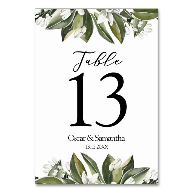 Numéro De Table Aquarelle tendance Feuilles verts et fleurs blanch (Par défaut)