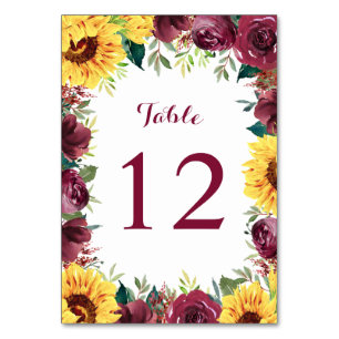 Numéro De Table Aquarelle Tournesols Bordure Florale Mariage