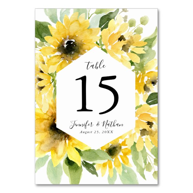 Numéro De Table Aquarelle Tournesols Cadre Floral | Mariage (Par défaut)
