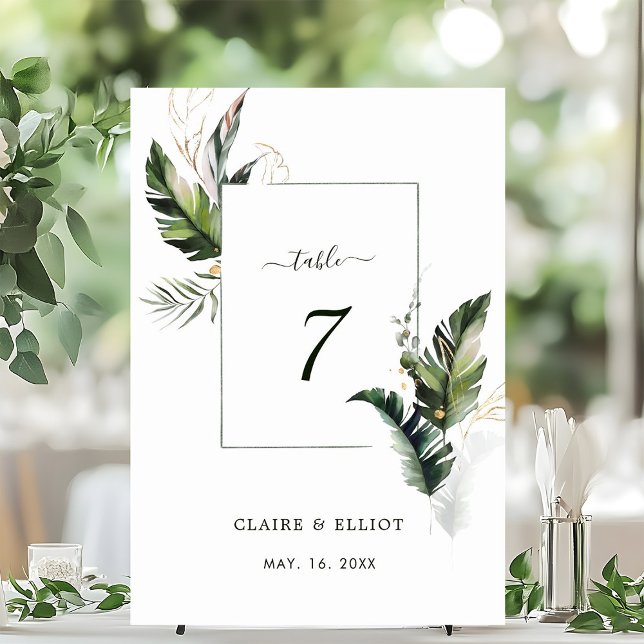 Numéro De Table Aquarelle tropicale Mariage vert du feuillage (Créateur téléchargé)