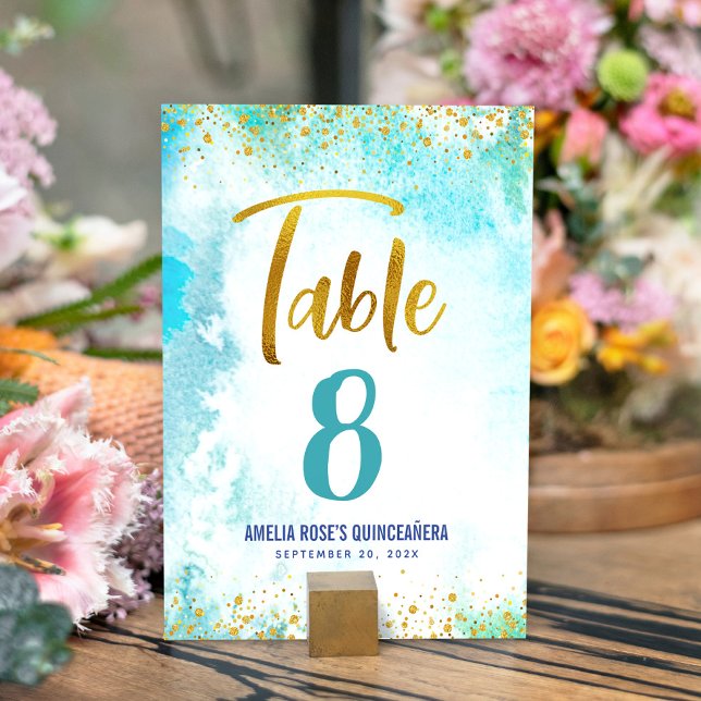 Numéro De Table Aquarelle Turquoise Quinceañera Gold Script Girly (Créateur téléchargé)