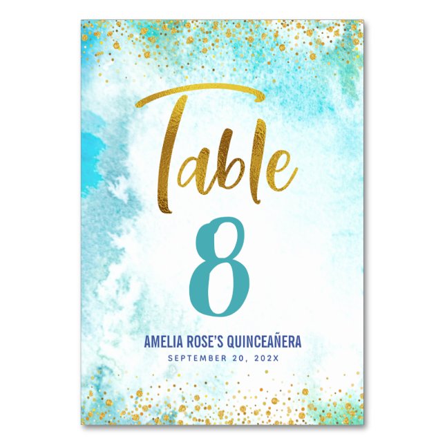 Numéro De Table Aquarelle Turquoise Quinceañera Gold Script Girly (Par défaut)