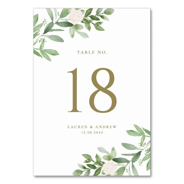 Numéro De Table Aquarelle Verdure et blanc Mariage Floral Or (Dos)