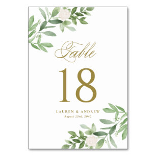 Numéro De Table Aquarelle Vert et Fleurs blanches Or